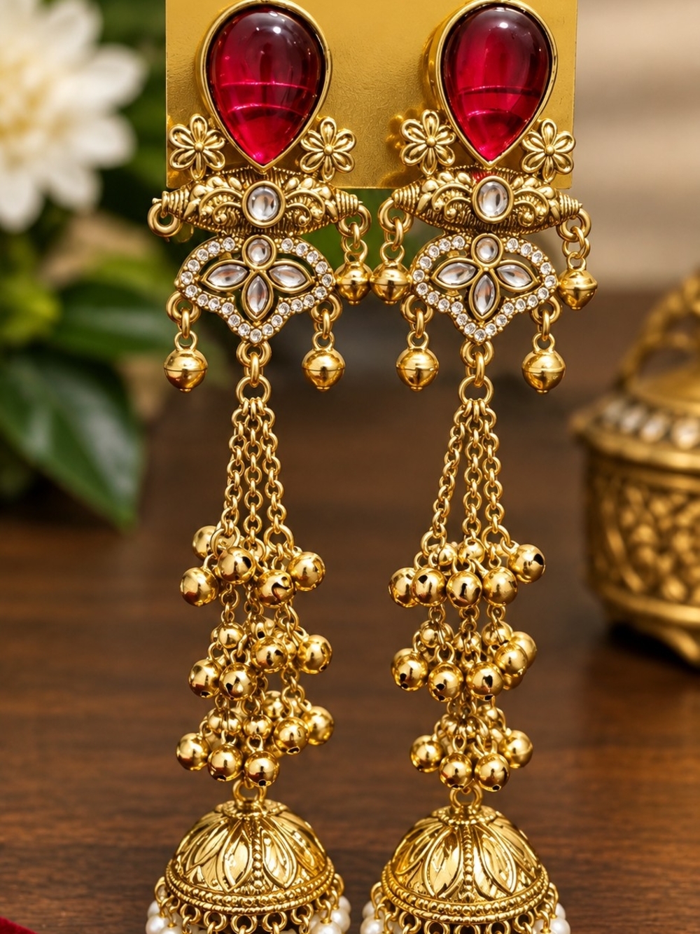 Gold-Tone Jhumka Earrings with Red Teardrop Stone - Women Jewelry